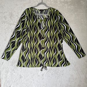 Psychedelic Top Tunic Womens 2X Green Stretch Retro Keyhole Wavy Funky Artsy